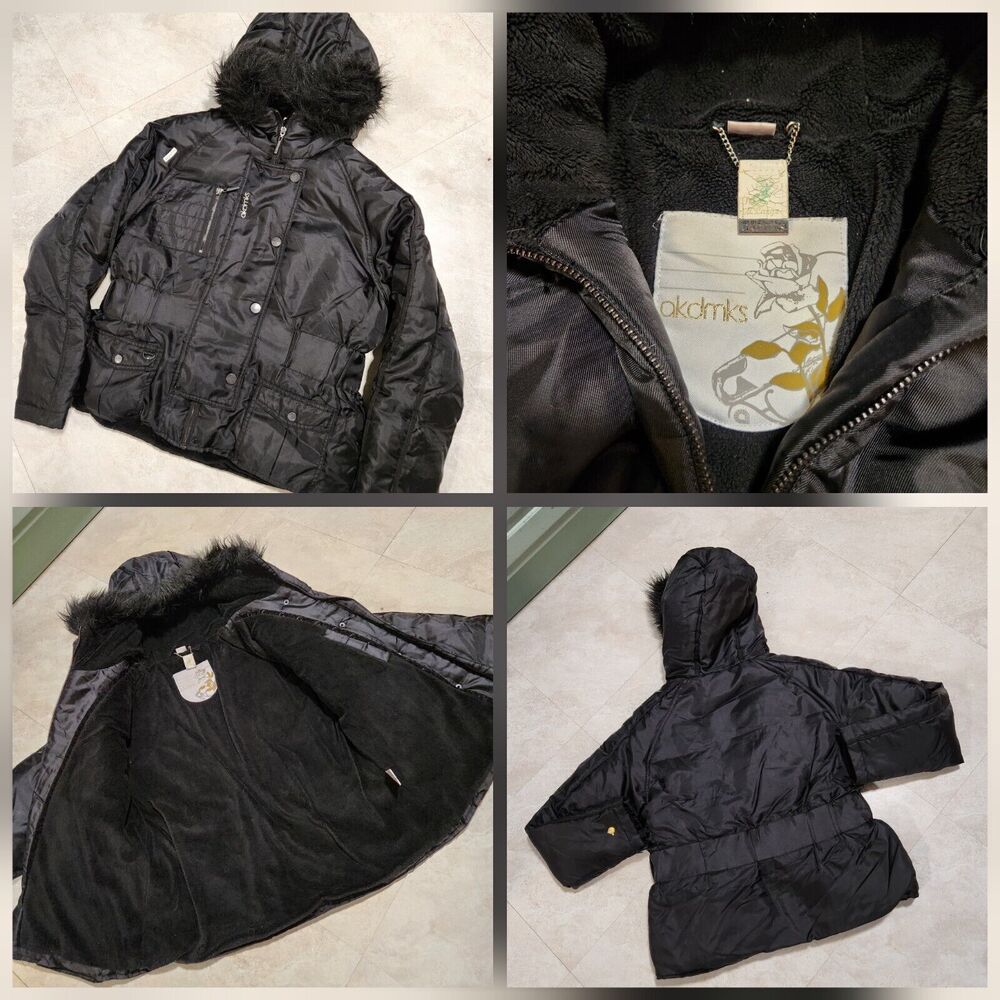 Akademiks Womens XL Black Puffer‎ Faux Fur Hood Fleece Lined Full Zip Jacket